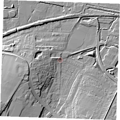 Shaded relief map of the ground around DA122QP, computed from Environment Agency LiDAR. The ground here sits at about 4 m above sea level and falls 18 m across the surrounding 800 m. Surface water reaching this point runs off ground lying to the south-west, 15.4 m higher.
