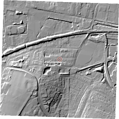 Shaded relief map of the ground around DA122QQ, computed from Environment Agency LiDAR. The ground here sits at about 5 m above sea level and falls 16 m across the surrounding 800 m. Surface water reaching this point runs off ground lying to the south-west, 10.0 m higher.