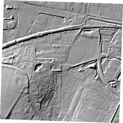 Shaded relief map of the ground around DA122QS, computed from Environment Agency LiDAR. The ground here sits at about 4 m above sea level and falls 17 m across the surrounding 800 m. Surface water reaching this point runs off ground lying to the west-south-west, 10.7 m higher.