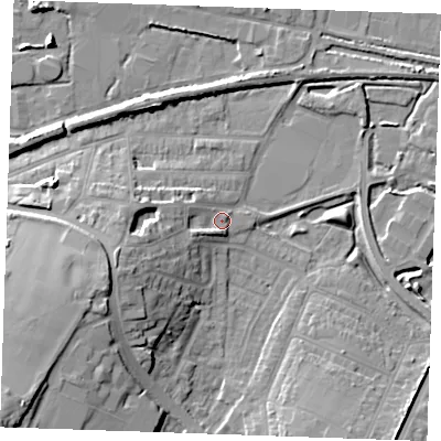 Shaded relief map of the ground around DA122QT, computed from Environment Agency LiDAR. The ground here sits at about 5 m above sea level and falls 18 m across the surrounding 800 m. Surface water reaching this point runs off ground lying to the west-south-west, 10.3 m higher.