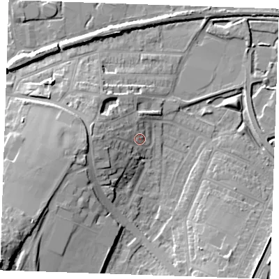 Shaded relief map of the ground around DA122QW, computed from Environment Agency LiDAR. The ground here sits at about 7 m above sea level and falls 27 m across the surrounding 800 m. Surface water reaching this point runs off ground lying to the west, 8.6 m higher.