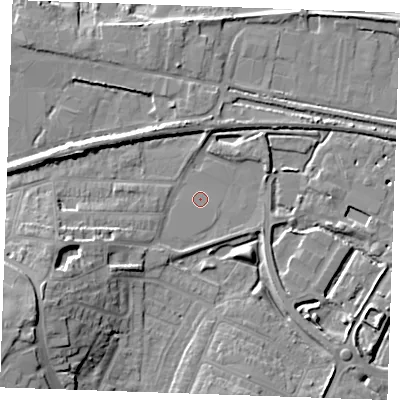 Shaded relief map of the ground around DA122QX, computed from Environment Agency LiDAR. The ground here sits at about 3 m above sea level and falls 15 m across the surrounding 800 m. Surface water reaching this point runs off ground lying to the west-south-west, 11.9 m higher.