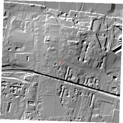 Shaded relief map of the ground around DA122RD, computed from Environment Agency LiDAR. The ground here sits at about 19 m above sea level and falls 27 m across the surrounding 800 m. Surface water reaching this point runs off ground lying to the south-south-west, 1.1 m higher.