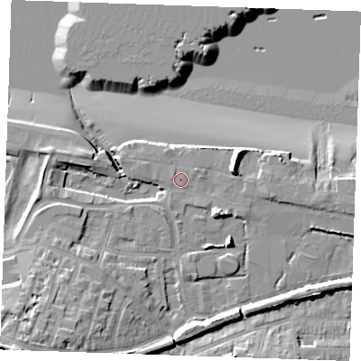 Shaded relief map of the ground around DA122RN, computed from Environment Agency LiDAR. The ground here sits at about 5 m above sea level and falls 22 m across the surrounding 800 m. Surface water reaching this point runs off ground lying to the south-south-west, 0.9 m higher.
