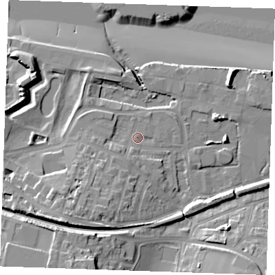Shaded relief map of the ground around DA122RT, computed from Environment Agency LiDAR. The ground here sits at about 5 m above sea level and falls 24 m across the surrounding 800 m. Surface water reaching this point runs off ground lying to the south-west, 3.5 m higher.