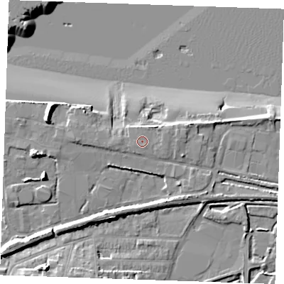 Shaded relief map of the ground around DA122RU, computed from Environment Agency LiDAR. The ground here sits at about 5 m above sea level and falls 15 m across the surrounding 800 m. Surface water reaching this point runs off ground lying to the south-east, 0.6 m higher.