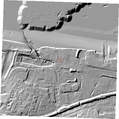 Shaded relief map of the ground around DA122RW, computed from Environment Agency LiDAR. The ground here sits at about 5 m above sea level and falls 22 m across the surrounding 800 m. Surface water reaching this point runs off ground lying to the south-south-west, 0.9 m higher.