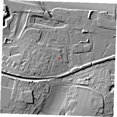 Shaded relief map of the ground around DA122RX, computed from Environment Agency LiDAR. The ground here sits at about 7 m above sea level and falls 23 m across the surrounding 800 m. Surface water reaching this point runs off ground lying to the west-south-west, 8.4 m higher.