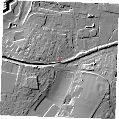 Shaded relief map of the ground around DA122SA, computed from Environment Agency LiDAR. The ground here sits at about 9 m above sea level and falls 23 m across the surrounding 800 m. Surface water reaching this point runs off ground lying to the west-south-west, 13.3 m higher.