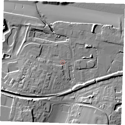 Shaded relief map of the ground around DA122SN, computed from Environment Agency LiDAR. The ground here sits at about 5 m above sea level and falls 24 m across the surrounding 800 m. Surface water reaching this point runs off ground lying to the west-south-west, 3.7 m higher.