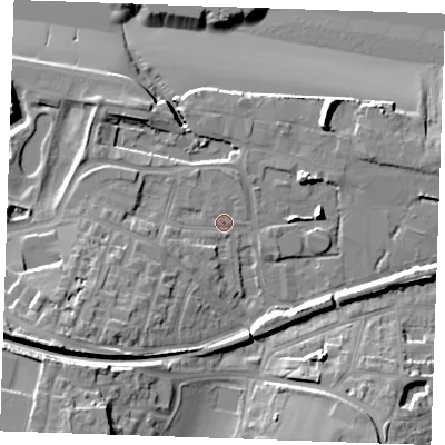 Shaded relief map of the ground around DA122SW, computed from Environment Agency LiDAR. The ground here sits at about 5 m above sea level and falls 24 m across the surrounding 800 m. Surface water reaching this point runs off ground lying to the west-south-west, 3.7 m higher.