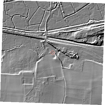 Shaded relief map of the ground around DA123HU, computed from Environment Agency LiDAR. The ground here sits at about 4 m above sea level and falls 11 m across the surrounding 800 m. Surface water reaching this point runs off ground lying to the south-east, 9.0 m higher.