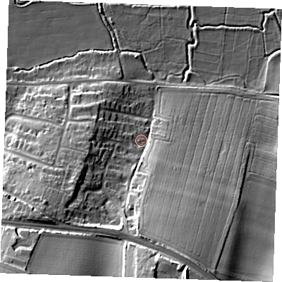 Shaded relief map of the ground around DA124TG, computed from Environment Agency LiDAR. The ground here sits at about 8 m above sea level and falls 33 m across the surrounding 800 m. Surface water reaching this point runs off ground lying to the south-west, 26.9 m higher.