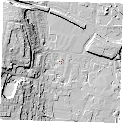 Shaded relief map of the ground around DA12AA, computed from Environment Agency LiDAR. The ground here sits at about 5 m above sea level and falls 28 m across the surrounding 800 m. Surface water reaching this point runs off ground lying to the west-south-west, 26.1 m higher.