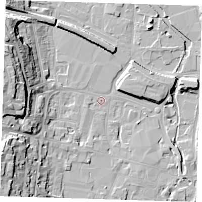 Shaded relief map of the ground around DA12AD, computed from Environment Agency LiDAR. The ground here sits at about 5 m above sea level and falls 25 m across the surrounding 800 m. Surface water reaching this point runs off ground lying to the west, 21.4 m higher.