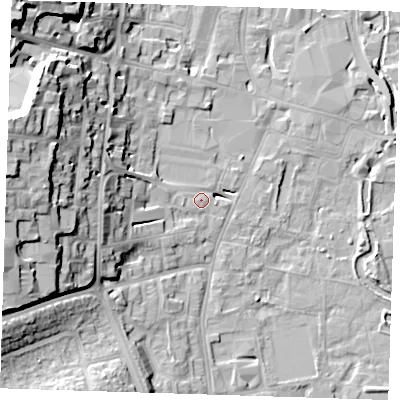 Shaded relief map of the ground around DA12AG, computed from Environment Agency LiDAR. The ground here sits at about 6 m above sea level and falls 25 m across the surrounding 800 m. Surface water reaching this point runs off ground lying to the west, 10.1 m higher.