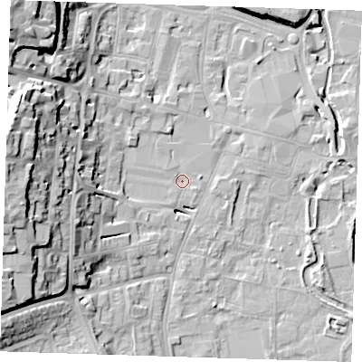 Shaded relief map of the ground around DA12AH, computed from Environment Agency LiDAR. The ground here sits at about 5 m above sea level and falls 24 m across the surrounding 800 m. Surface water reaching this point runs off ground lying to the west, 9.1 m higher.