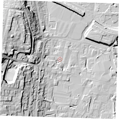 Shaded relief map of the ground around DA12AJ, computed from Environment Agency LiDAR. The ground here sits at about 6 m above sea level and falls 28 m across the surrounding 800 m. Surface water reaching this point runs off ground lying to the west-south-west, 26.2 m higher.