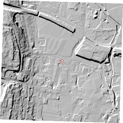 Shaded relief map of the ground around DA12AR, computed from Environment Agency LiDAR. The ground here sits at about 4 m above sea level and falls 26 m across the surrounding 800 m. Surface water reaching this point runs off ground lying to the west, 22.0 m higher.