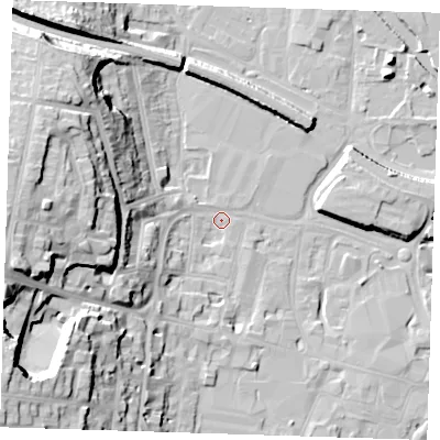 Shaded relief map of the ground around DA12AS, computed from Environment Agency LiDAR. The ground here sits at about 5 m above sea level and falls 28 m across the surrounding 800 m. Surface water reaching this point runs off ground lying to the west, 24.9 m higher.