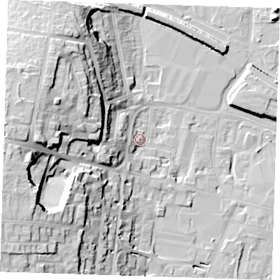 Shaded relief map of the ground around DA12AU, computed from Environment Agency LiDAR. The ground here sits at about 7 m above sea level and falls 29 m across the surrounding 800 m. Surface water reaching this point runs off ground lying to the west-south-west, 25.5 m higher.