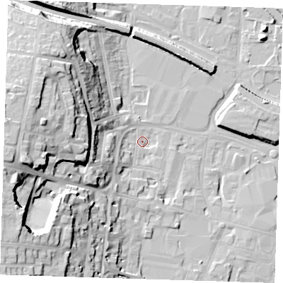 Shaded relief map of the ground around DA12BA, computed from Environment Agency LiDAR. The ground here sits at about 5 m above sea level and falls 28 m across the surrounding 800 m. Surface water reaching this point runs off ground lying to the south-south-west, 1.7 m higher.