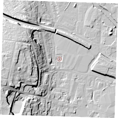 Shaded relief map of the ground around DA12BJ, computed from Environment Agency LiDAR. The ground here sits at about 5 m above sea level and falls 28 m across the surrounding 800 m. Surface water reaching this point runs off ground lying to the west, 21.4 m higher.