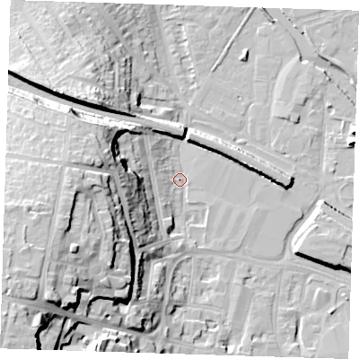 Shaded relief map of the ground around DA12BL, computed from Environment Agency LiDAR. The ground here sits at about 5 m above sea level and falls 29 m across the surrounding 800 m. Surface water reaching this point runs off ground lying to the west-south-west, 25.8 m higher.