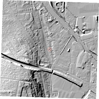 Shaded relief map of the ground around DA12BN, computed from Environment Agency LiDAR. The ground here sits at about 3 m above sea level and falls 28 m across the surrounding 800 m. Surface water reaching this point runs off ground lying to the west-south-west, 2.8 m higher.