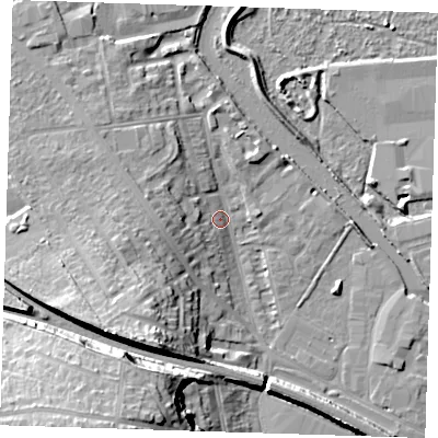 Shaded relief map of the ground around DA12BS, computed from Environment Agency LiDAR. The ground here sits at about 4 m above sea level and falls 25 m across the surrounding 800 m. Surface water reaching this point runs off ground lying to the west, 7.3 m higher.