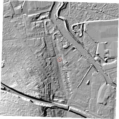 Shaded relief map of the ground around DA12BU, computed from Environment Agency LiDAR. The ground here sits at about 4 m above sea level and falls 24 m across the surrounding 800 m. Surface water reaching this point runs off ground lying to the south-south-west, 18.3 m higher.