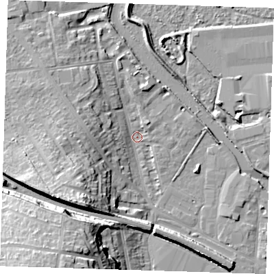 Shaded relief map of the ground around DA12BX, computed from Environment Agency LiDAR. The ground here sits at about 3 m above sea level and falls 26 m across the surrounding 800 m. Surface water reaching this point runs off ground lying to the west, 7.1 m higher.