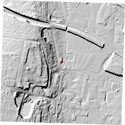 Shaded relief map of the ground around DA12BY, computed from Environment Agency LiDAR. The ground here sits at about 5 m above sea level and falls 29 m across the surrounding 800 m. Surface water reaching this point runs off ground lying to the west, 20.2 m higher.