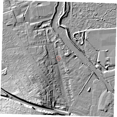 Shaded relief map of the ground around DA12BZ, computed from Environment Agency LiDAR. The ground here sits at about 4 m above sea level and falls 22 m across the surrounding 800 m. Surface water reaching this point runs off ground lying to the west-south-west, 6.4 m higher.