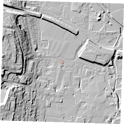 Shaded relief map of the ground around DA12DA, computed from Environment Agency LiDAR. The ground here sits at about 5 m above sea level and falls 27 m across the surrounding 800 m. Surface water reaching this point runs off ground lying to the west, 24.0 m higher.