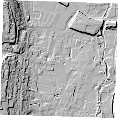 Shaded relief map of the ground around DA12DE, computed from Environment Agency LiDAR. The ground here sits at about 5 m above sea level and falls 25 m across the surrounding 800 m. Surface water reaching this point runs off ground lying to the west, 1.4 m higher.