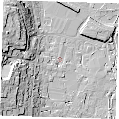 Shaded relief map of the ground around DA12DF, computed from Environment Agency LiDAR. The ground here sits at about 6 m above sea level and falls 26 m across the surrounding 800 m. Surface water reaching this point runs off ground lying to the west-south-west, 24.0 m higher.