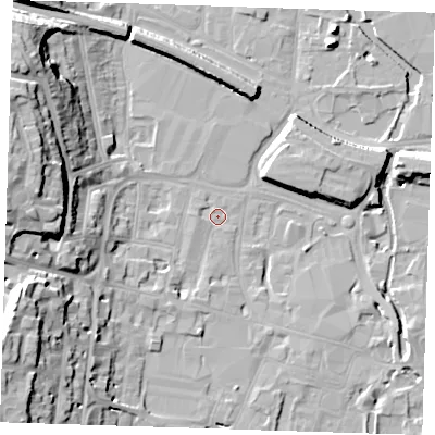 Shaded relief map of the ground around DA12DH, computed from Environment Agency LiDAR. The ground here sits at about 5 m above sea level and falls 25 m across the surrounding 800 m. Surface water reaching this point runs off ground lying to the west-south-west, 22.5 m higher.