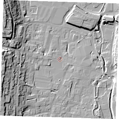 Shaded relief map of the ground around DA12DJ, computed from Environment Agency LiDAR. The ground here sits at about 5 m above sea level and falls 24 m across the surrounding 800 m. Surface water reaching this point runs off ground lying to the west-north-west, 2.3 m higher.