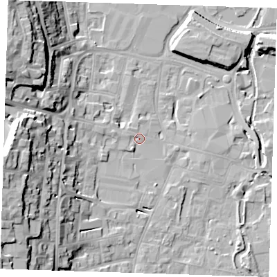 Shaded relief map of the ground around DA12DL, computed from Environment Agency LiDAR. The ground here sits at about 6 m above sea level and falls 26 m across the surrounding 800 m. Surface water reaching this point runs off ground lying to the south-west, 2.0 m higher.