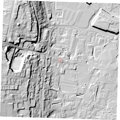 Shaded relief map of the ground around DA12DT, computed from Environment Agency LiDAR. The ground here sits at about 7 m above sea level and falls 28 m across the surrounding 800 m. Surface water reaching this point runs off ground lying to the west-south-west, 21.3 m higher.