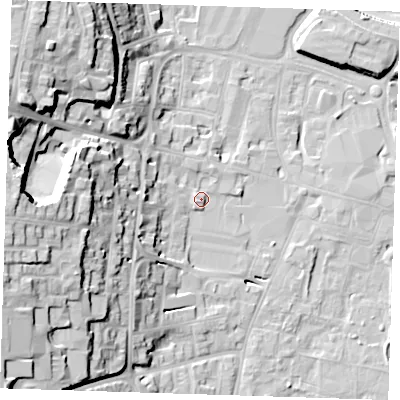 Shaded relief map of the ground around DA12DU, computed from Environment Agency LiDAR. The ground here sits at about 7 m above sea level and falls 28 m across the surrounding 800 m. Surface water reaching this point runs off ground lying to the west, 24.9 m higher.