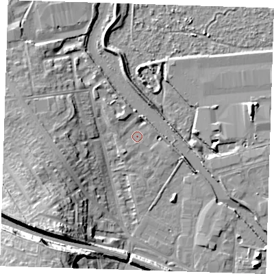 Shaded relief map of the ground around DA12FA, computed from Environment Agency LiDAR. The ground here sits at about 4 m above sea level and falls 23 m across the surrounding 800 m. Surface water reaching this point runs off ground lying to the north-west, 3.3 m higher.