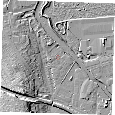 Shaded relief map of the ground around DA12FB, computed from Environment Agency LiDAR. The ground here sits at about 4 m above sea level and falls 24 m across the surrounding 800 m. Surface water reaching this point runs off ground lying to the south-west, 18.3 m higher.