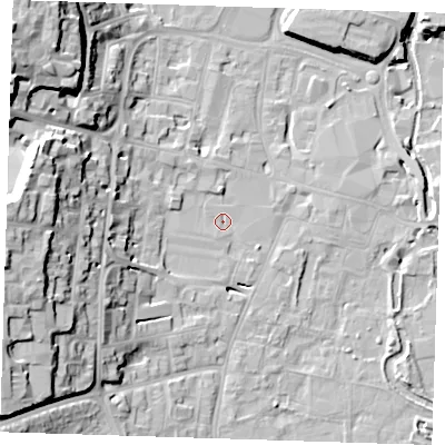Shaded relief map of the ground around DA12HL, computed from Environment Agency LiDAR. The ground here sits at about 5 m above sea level and falls 27 m across the surrounding 800 m. Surface water reaching this point runs off ground lying to the west-south-west, 9.2 m higher.