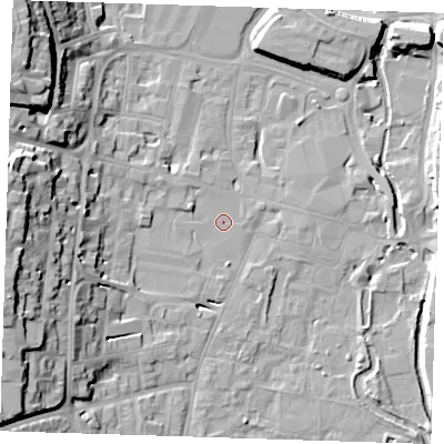 Shaded relief map of the ground around DA12HR, computed from Environment Agency LiDAR. The ground here sits at about 6 m above sea level and falls 24 m across the surrounding 800 m. Surface water reaching this point runs off ground lying to the west-south-west, 19.8 m higher.
