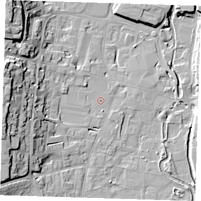 Shaded relief map of the ground around DA12HS, computed from Environment Agency LiDAR. The ground here sits at about 5 m above sea level and falls 24 m across the surrounding 800 m. Surface water reaching this point runs off ground lying to the west-south-west, 19.8 m higher.