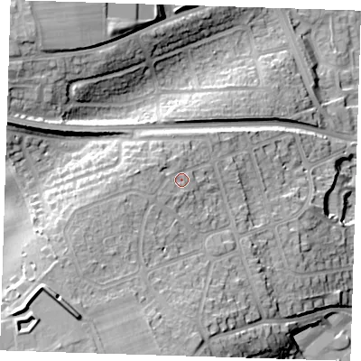 Shaded relief map of the ground around DA12RT, computed from Environment Agency LiDAR. The ground here sits at about 26 m above sea level and falls 29 m across the surrounding 800 m. Surface water reaching this point runs off ground lying to the west-south-west, 4.8 m higher.