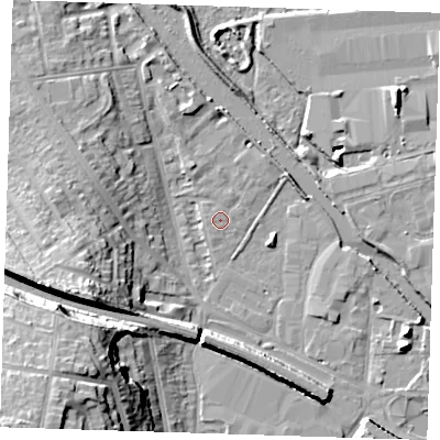 Shaded relief map of the ground around DA12TG, computed from Environment Agency LiDAR. The ground here sits at about 4 m above sea level and falls 28 m across the surrounding 800 m. Surface water reaching this point runs off ground lying to the west-south-west, 18.0 m higher.