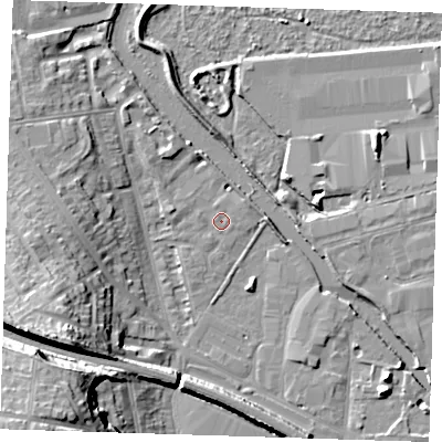Shaded relief map of the ground around DA12TH, computed from Environment Agency LiDAR. The ground here sits at about 4 m above sea level and falls 26 m across the surrounding 800 m. Surface water reaching this point runs off ground lying to the west, 7.5 m higher.
